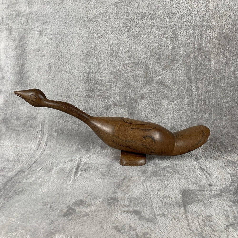 Vintage MCM Hand Carved Wooden Stylized Goose Sculpture Rich Walnut Finish